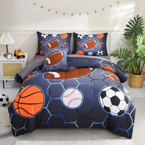 Sports Twin Bedding Sets for Boys 6pcs Baseball Basketball Bedding Sets,Footb... - Picture 1 of 7