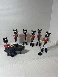 Vintage Wood Black Cat Jazz Band Figurine Set 6 Musician Cats with Piano - Picture 1 of 4