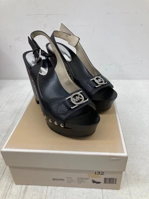 Michael Kors Black Leather Charm Sling Women's Platform Wedge Sandals Size 10M - Image 1 of 4