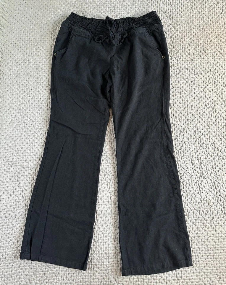 Pantalones de lino para mujer M cintura ajustada pierna ancha Love Tree Resort dinero antiguo negros Foto 1 de 4