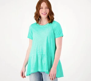 LOGO by Lori Goldstein Distressed Cotton Slub Peplum Top Grün Gr. S A592713 - Bild 1 von 2