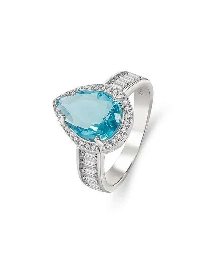 Silver-Plated Copper Teardrop Shaped Blue CZ Ring Size 8 Inlaid White/Colorless - Image 1 of 1