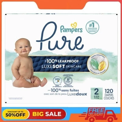 Pañal Pampers Pure Baby, tamaño 2 (12-18 lb), 120, pañal suave hasta 100 % a prueba de fugas Foto 1 de 4