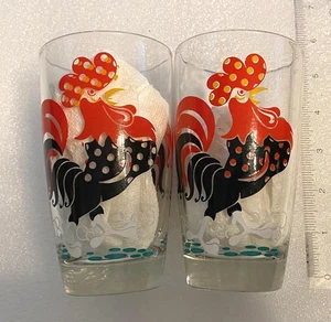 Vintage Hazel Atlas Hahn großes Trinkglas Becher rot schwarz 60er Jahre 2er Set - Bild 1 von 11