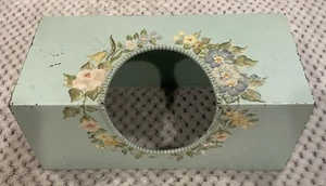 MCM Metal Tissue Kleenex Box Mint Green Hand Painted Floral Pattern - Picture 1 of 10