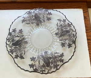 Art Deco Silver Overlay Clear Glass Platter with Birds and Leaves 11 1/4" Diam - Picture 1 of 6