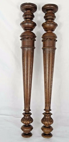 21"  French Antique Pair Carved Wood Trim Posts Pillars Columns Oak Gothic Cover