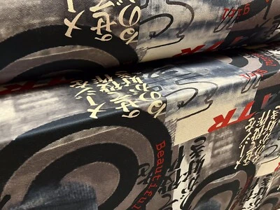 Liverpool  Scuba Jersey Stretch Fabric, Per Metre - Japanese Symbols Print Grey - Image 1 of 3