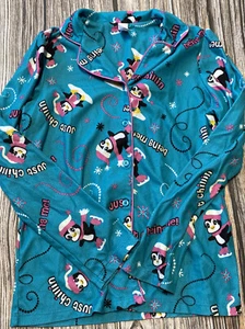 Total Girl Penguin Blue Flame Resistant Button Sleepwear Top Size XL (14-16) - Picture 1 of 1