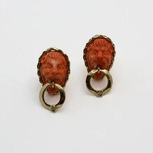 Orecchini stile vittoriano in oro giallo 18 kt e Corallo rosso italiano inciso  - Imagen 1 de 4