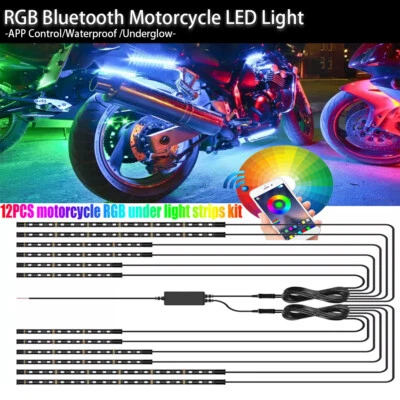 12PCS Motorcycle RGB LED Strip Light Under Glow Neon Kit Bluetooth APP Control - Image 1 of 4