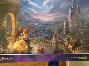 Postal de Thomas Kinkade de Disney La Bella y la Bestia bailando a la luz de la luna - Imagen 1 de 3