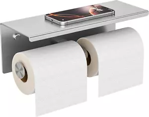 Double Toilet Paper Holder with Shelf Wall Mount Tissue Roll Holder for Bathroom - Picture 1 of 12