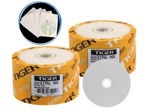 200-Pack Tiger Brand 16X White Top DVD-R Blank Disc 4.7GB + 200 Paper Sleeves - Picture 1 of 3