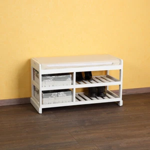 Sitzbank Weiß Grau inkl. Körbe Schuhregal Holz Truhenbank Schuhschrank Kissen - Bild 1 von 7