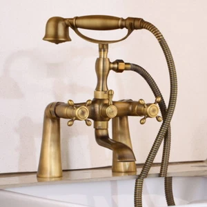 Antique Brass Deck Mounted Clawfoot Bath Tub Faucet with Hand Shower Mixer Tap - Picture 1 of 5