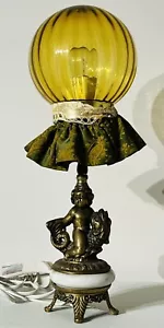 Vintage 1970s Cupid Brass Marble Amber Glass Mid Century Table Lamp - Picture 1 of 6