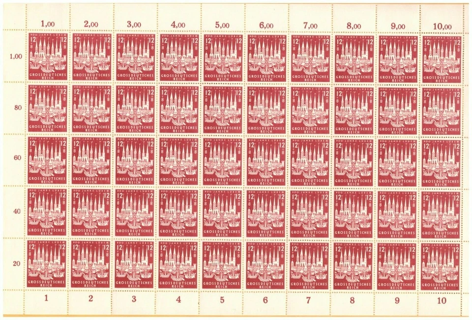 Deutsches Reich Germany Nazi Hitler Lubeck Michel No 862 full sheet of 50 MNH - Image 1 of 1