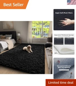Hochflor Schwarz Flauschig Teppich - 4x6 Rutschfest Indoor Teppich für Stilvolle Räume - Bild 1 von 9