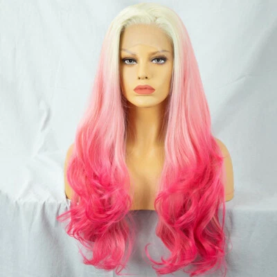 Pelucas delanteras de encaje color ombre rubio a rosa onda corporal 3 tonos sintético sin pegamento  Foto 1 de 4