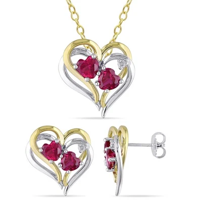 Amour Sterling Silver Created Ruby & Diamond Heart Necklace & Earrings Set - Image 1 of 4