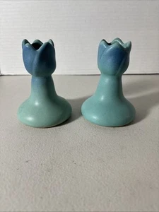 Van Briggle 1920 Ming Azul Par Candelabros Tulipán Firmado - Imagen 1 de 5