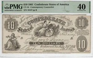 CT-10 39A 1861 $5 Contemporary Counterfeit CSA Paper Money - PMG 40 - Full Upham - Picture 1 of 3