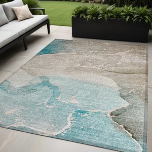 5' X 8' Teal Abstract Washable Non Skid Indoor Outdoor Area Rug - Picture 1 of 7