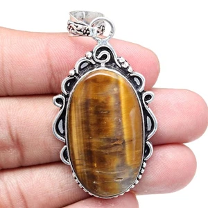 Pendant Tiger's Eye Gemstone Handmade Mother'Day Silver Jewelry 2.25" - Picture 1 of 5
