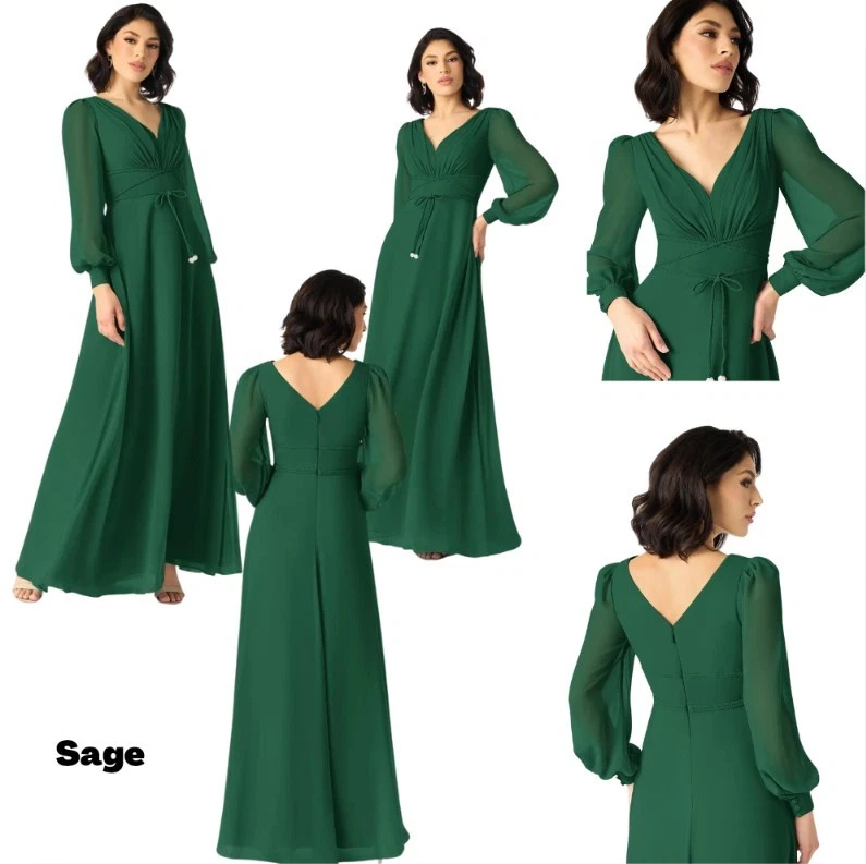 Vestido Azazie Sage, manga larga con cinturón en verde oscuro talla A12 Foto 1 de 4