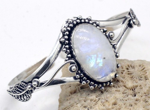 VALENTINO 925 Sterling Silver Moonstone Gemstone Handmade Jewellery Cuff Bracelet S ADJ