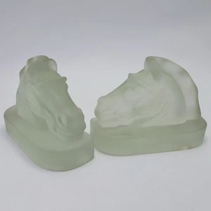 Set of 2 Heavy Frosted Glass 7" Equestrian Horse Heads Book Ends CHIPPED Lot - Picture 1 of 12