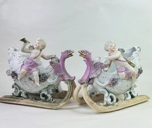 2 Antique German Bisque Porcelain Planters Pots Vase Pink Swan Sleighs & Cherubs - Picture 1 of 24