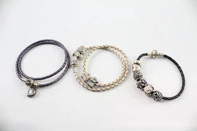 Pandora Sterling Silver Bracelets Leather Charms Wrap Daughter Hearts x 3 (40g) - Image 1 of 4