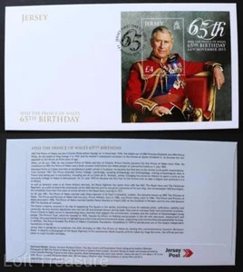 Jersey Stamps: "Prince of Wales 65th Birthday" FDC £4.00 Miniature Sheet 2013 - Picture 1 of 3