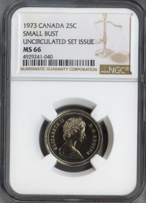 1973 Canada 25 Cents Small Bust 25C NGC MS66 Quality - Image 1 of 2