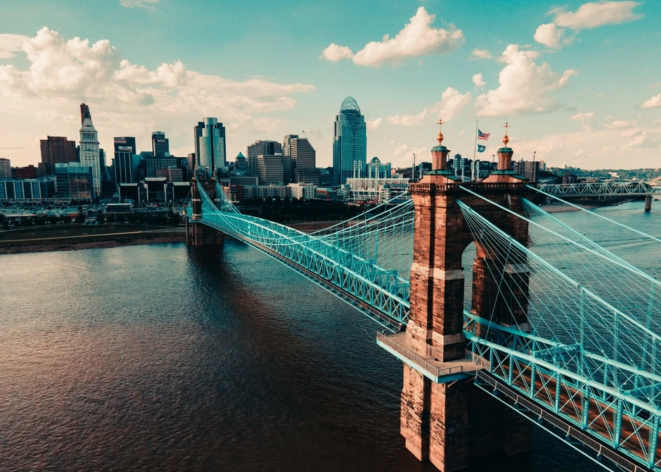 Cityscape of Cincinnati Skyline Roebling bridge Picture Photo Poster Print - Image 1 of 1