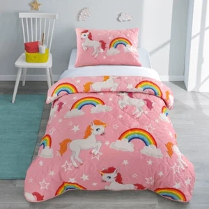 Unicorn Pink Quilted Throw Bedspread & Pillowcase Girls Polycotton 150 x 150cm - Picture 1 of 1