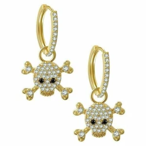 14k Yellow Gold Plated 2Ct Round Cut Lab Created Diamond Skull Dangle Earrings - Picture 1 of 4
