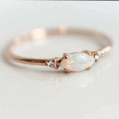 Genuine Marquise Opal 14k Rose gold 0.03ct Diamond Dainty Wedding Woman Ring US7 - Image 1 of 3