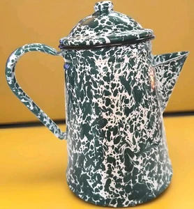 Vintage CGS International Splatter Enamelware GREEN Coffee Pot & Lid Cottagecore - Picture 1 of 7