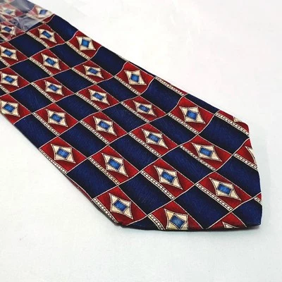 Corbata de hombre de hoy azul con patrón geométrico rojo blanco seda manga D2 Foto 1 de 3