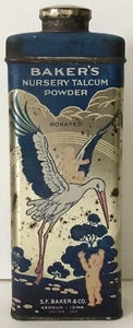 RAR Antik Bäcker Kinderzimmer Talkum Pulver Dose Keokuk Storch Babys Werbung - Bild 1 von 9
