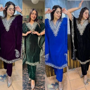 Party Wear Velvet Kaftan Women Indian Ethnic 2 Piece Readymade Eid Festive Suits - Picture 1 of 20