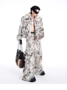 Cappotto pelliccia lungo stampa leopardata uomo invernale corto imitazione pelliccia cappotto pantaloni nuovo - Foto 1 di 26