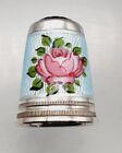 Antique Sterling Silver & Roses on Blue Enamel Glass Top Thimble Size 6  Germany