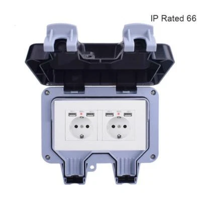 Double EU Standard Outlet External Wall Socket IP66 Outdoor 4 USB Mounted Plug - Image 1 of 4