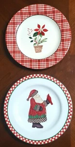 Poinsettia & Santa Plaid Rimmed 8" Salad Plates by Sakura (Hallmark) Set/2 - Picture 1 of 11
