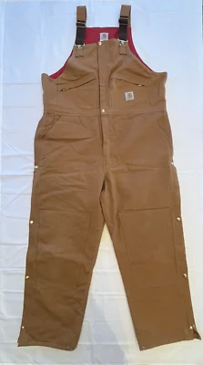 Vintage 2001 Carhartt 46x32 Brown Quilt Red Lined Duck Bib Overalls R04 USA Made - Image 1 of 4