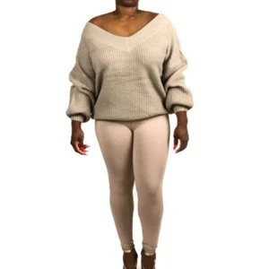 Set maglione e leggings donna Zenana due pezzi scollo a V beige XL - Foto 1 di 6